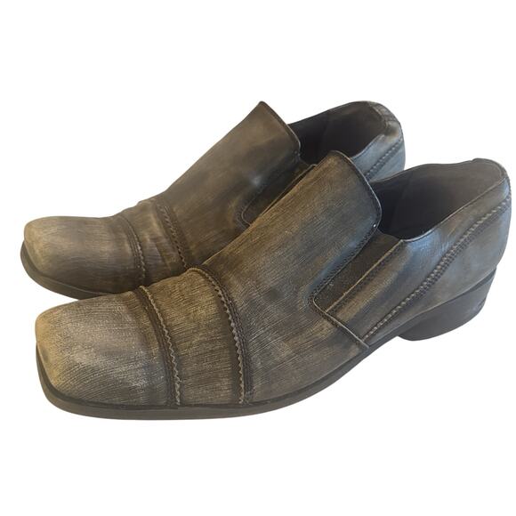 BRONX Gray Leather Men's Dress Shoes Size US 12.5 EU 47 slip ons Distressed Look - Picture 1 of 7